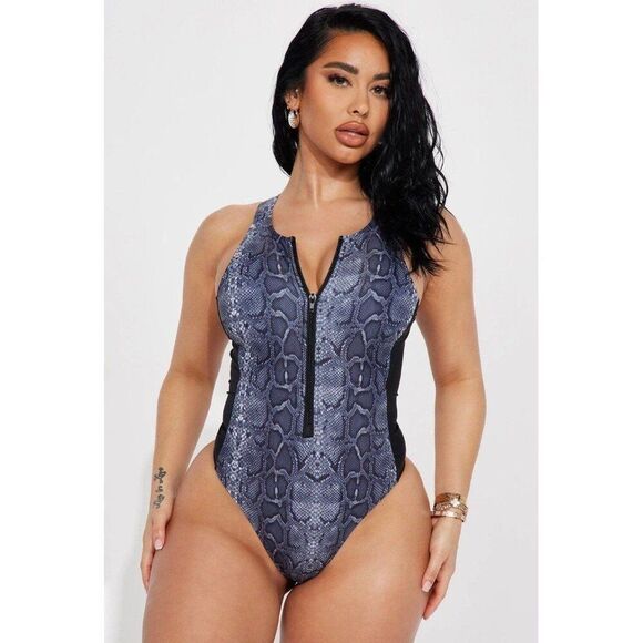 Fashion Nova NWT Medium Women Blue Animal Snake Print Zip Up One Piece Swimsuit - Picture 1 of 6